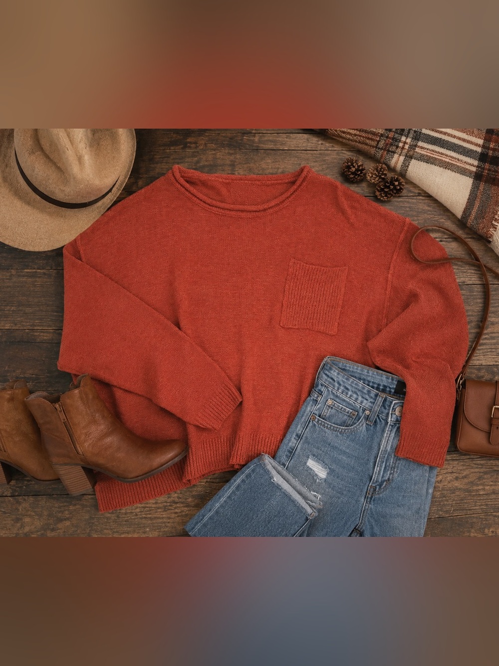 Adora Rust Orange Oversized Knit Pocket Sweater M/L